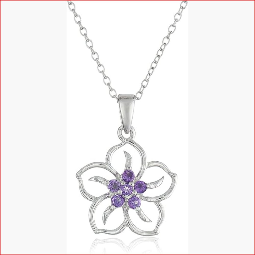Sterling Silver Flower Pendant Necklace With Amethyst Stones